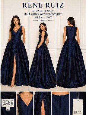 RENE RUIZ MIDNIGHT NAVY BALL GOWN SLIT SZ 6 NWT